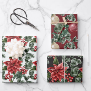 Poinsettia Holly Berries Christmas Wrapping Paper Sheets