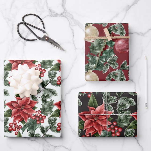 Poinsettia Holly Berries Christmas Wrapping Paper Sheets (Front)