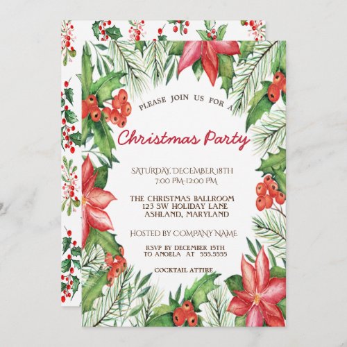 PoinsettiaHolly Berries Corporate Christmas Party Invitation