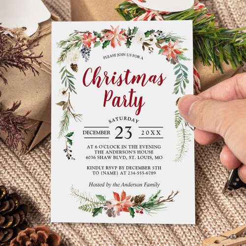Poinsettia Holly Berries Floral Christmas Party Invitation