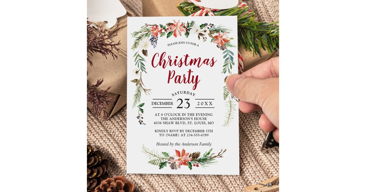 Poinsettia Holly Berries Floral Christmas Party Invitation | Zazzle
