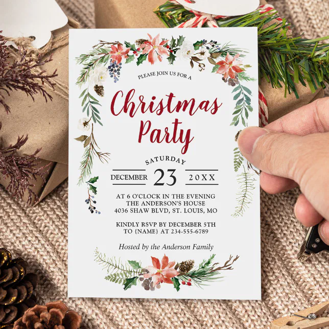 Poinsettia Holly Berries Floral Christmas Party Invitation | Zazzle
