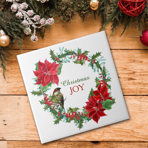 Poinsettia Holly Berry Christmas Joy Ceramic Tile