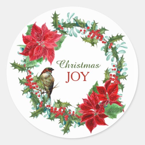 Poinsettia Holly Berry Christmas Wreath Classic Round Sticker