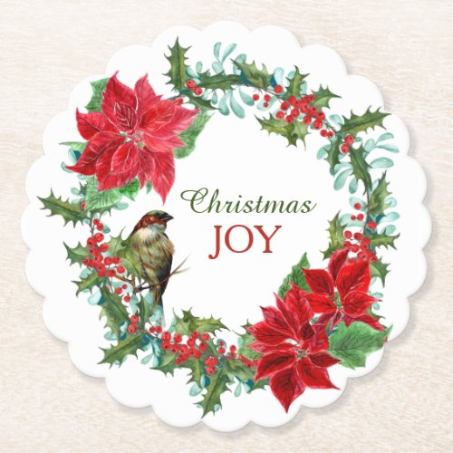 Poinsettia Holly Berry Christmas Wreath Paper Coaster