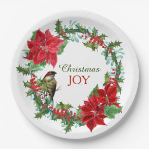 Poinsettia Holly Berry Christmas Wreath Paper Plates