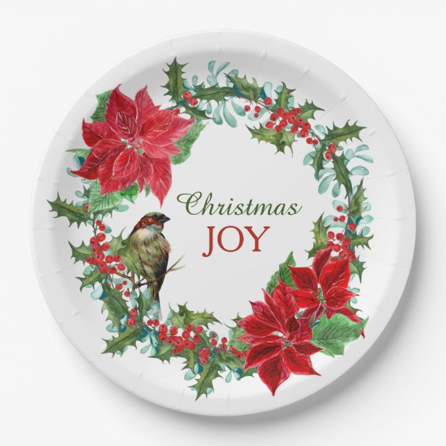 Poinsettia Holly Berry Christmas Wreath Paper Plates (Front)
