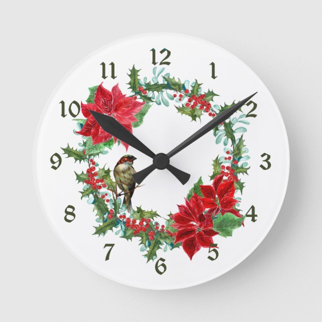 Poinsettia Holly Berry Christmas Wreath Round Clock (Front)