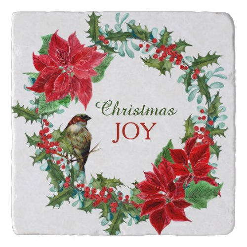 Poinsettia Holly Berry Christmas Wreath Trivet