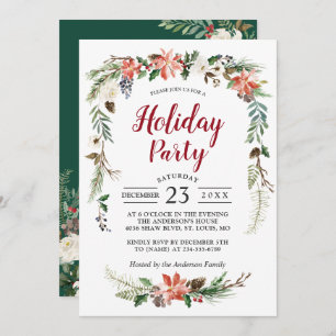 Poinsettia Holly Berry Ivory Floral Holiday Party Invitation