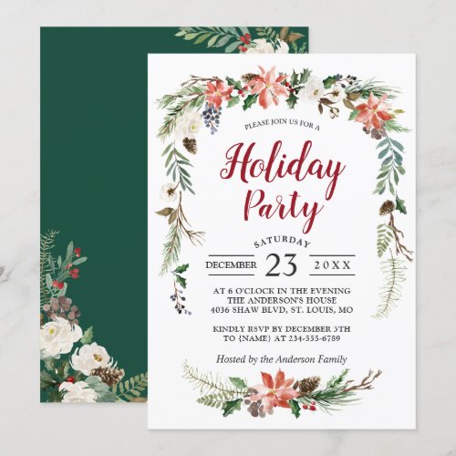 Poinsettia Holly Berry Ivory Floral Holiday Party Invitation