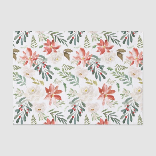 Poinsettia Holly Berry Ivory Floral Holiday Season Tissue Paper (Front)