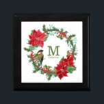 Poinsettia Holly Berry Monogram Christmas Gift Box<br><div class="desc">This pretty Holiday ceramic tile gift box has a vintage image of a holly berry and red poinsettia wreath. At one side perches a bright little bird. At the center is your monogram in soft matching green,  with your name or other text below it.</div>