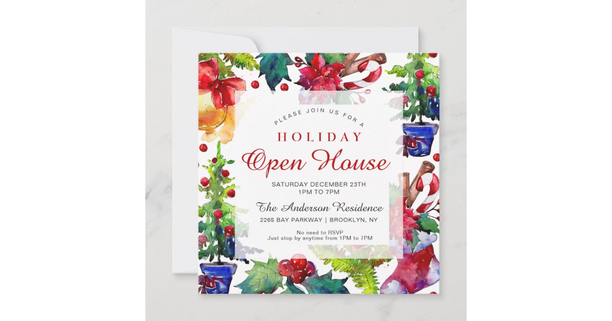 Poinsettia Holly Berry Ornament Holiday Open House Invitation | Zazzle
