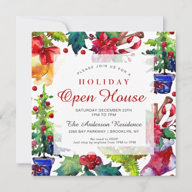 Poinsettia Holly Berry Ornament Holiday Open House Invitation (Front)