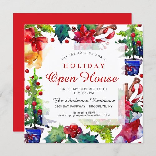 Poinsettia Holly Berry Ornament Holiday Open House Invitation