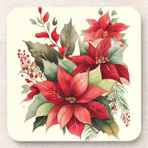 Poinsettia Holly Berry Red White Flower Christmas Beverage Coaster