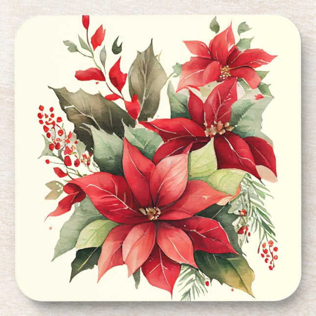 Poinsettia Holly Berry Red White Flower Christmas Beverage Coaster (Front)