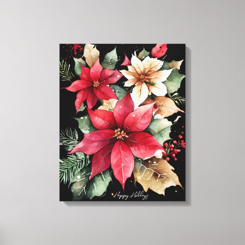 Poinsettia Holly Berry Red White Flower Christmas Canvas Print