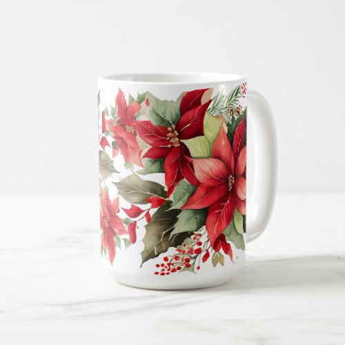 Poinsettia Holly Berry Red White Flower Christmas Coffee Mug