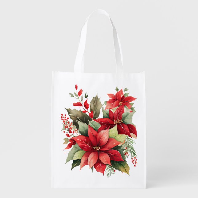 Poinsettia Holly Berry Red White Flower Christmas Grocery Bag (Front)