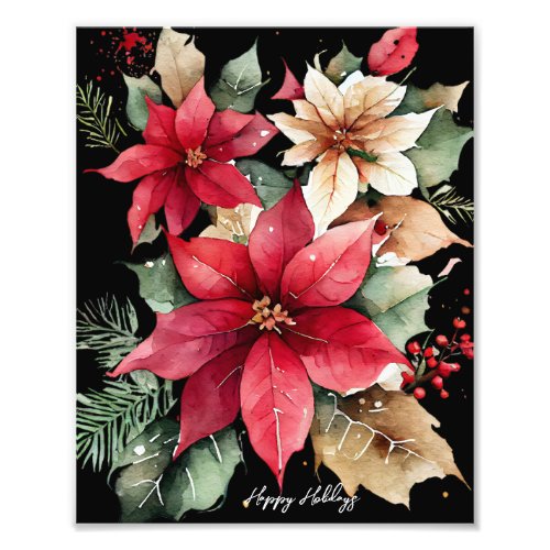 Poinsettia Holly Berry Red White Flower Christmas Photo Print