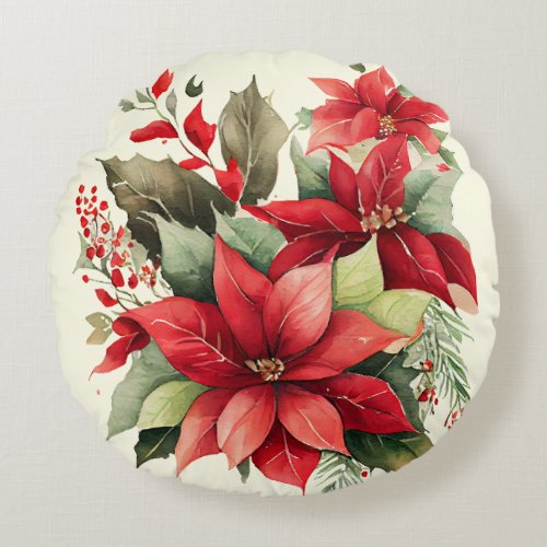 Poinsettia Holly Berry Red White Flower Christmas Round Pillow