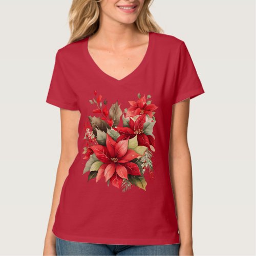 Poinsettia Holly Berry Red White Flower Christmas T_Shirt