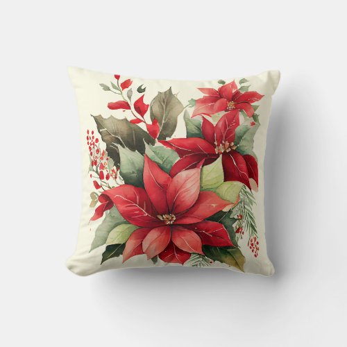 Poinsettia Holly Berry Red White Flower Christmas Throw Pillow