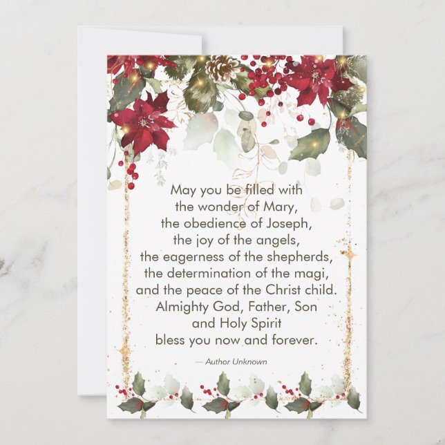 Poinsettia Holly Christmas Prayer  Holiday Card (Front)