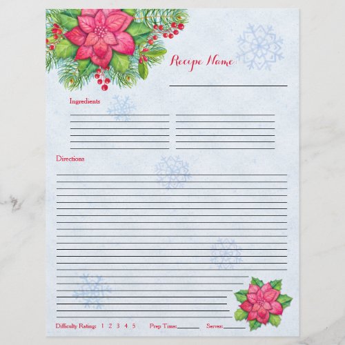 Poinsettia Holly Christmas Recipe Binder Inserts Flyer