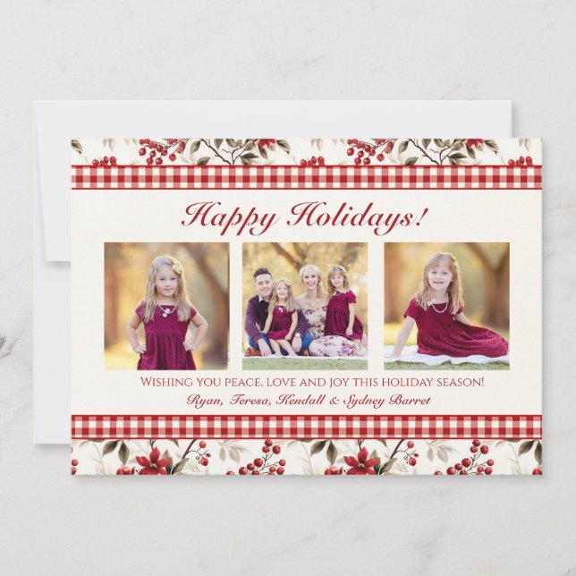 Poinsettia Holly Gingham Border Holiday Photo Card (Front)
