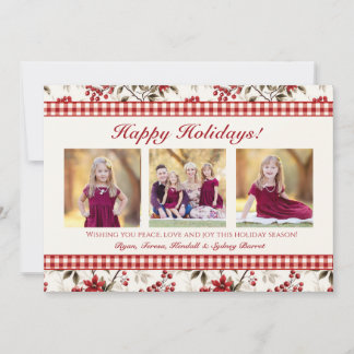 Poinsettia Holly Gingham Border Holiday Photo Card