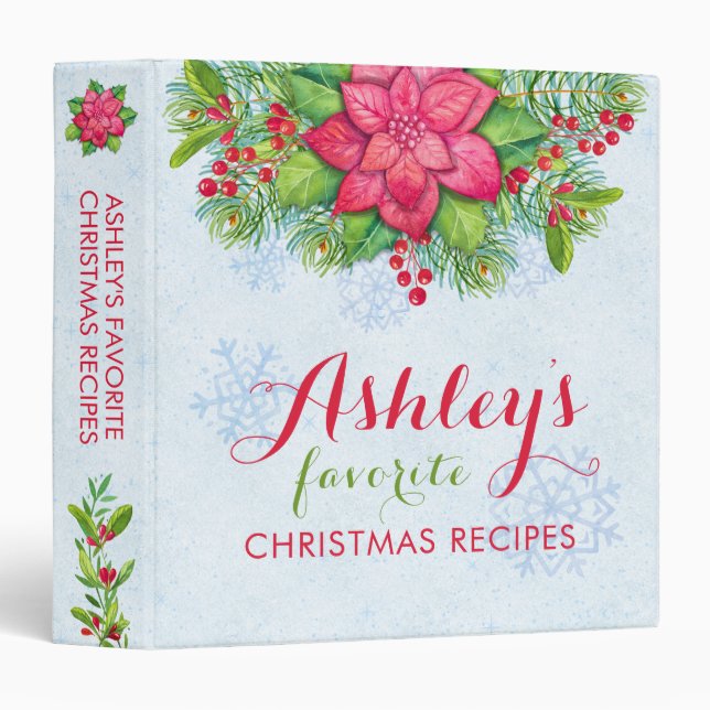 Poinsettia Holly Pine Boughs Christmas Recipe 3 Ring Binder (Front/Spine)