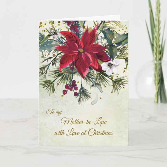 Poinsettia, holly, pine Christmas Mother in Law Holiday Card (Front)