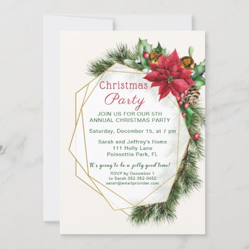 Poinsettia holly pine Christmas party Invitation