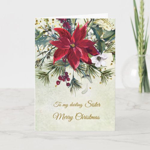 Poinsettia holly pine Christmas Sister Holiday Card