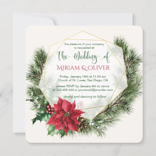 Poinsettia holly pine Christmas Wedding Invitation