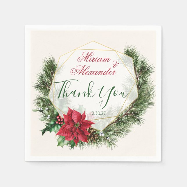 Poinsettia, holly, pine Christmas Wedding Napkins (Front)