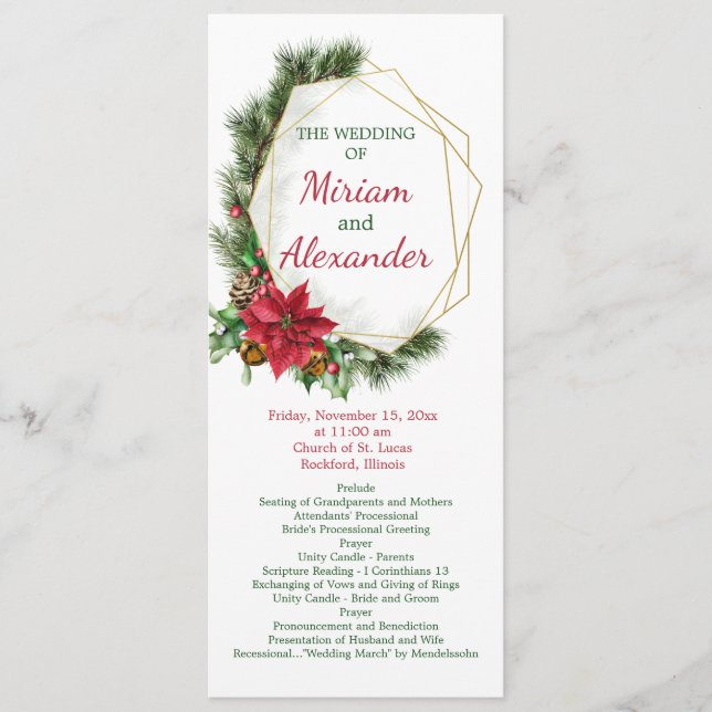 Poinsettia, holly, pine Christmas Wedding Program (Front)
