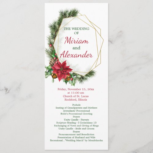 Poinsettia holly pine Christmas Wedding Program