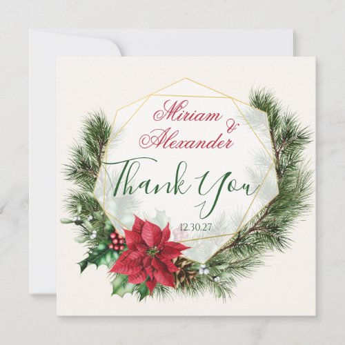 Poinsettia Holly Pine Christmas Wedding Thank You Card