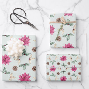 Poinsettia Holly Pinecone Wrapping Paper Sheets
