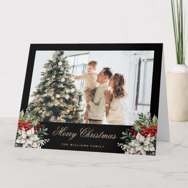 Poinsettia Holly Red Berries Photo Christmas Card (Front)