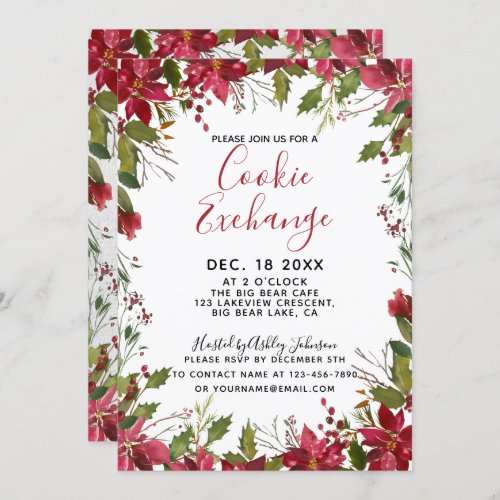 POINSETTIA  HOLLY Watercolor Cookie Exchange Invitation