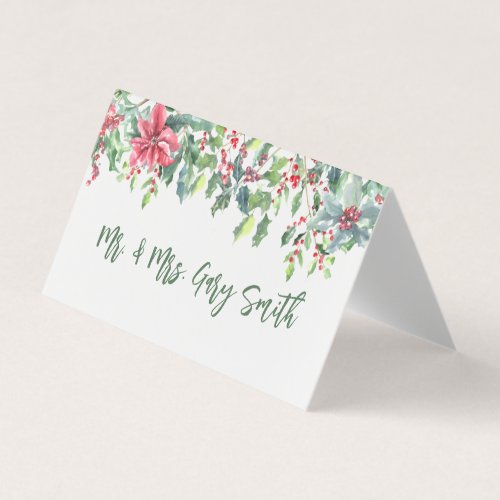 Poinsettia  Holly Watercolor Holiday Seating Card