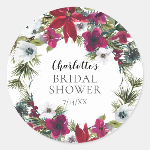 Poinsettia Holly Wreath Bridal Shower Classic Round Sticker