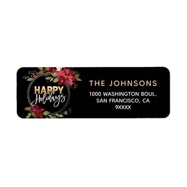 Poinsettia Holly Wreath Red Gold Happy Holidays Label (Front)