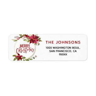 Poinsettia Holly Wreath Red Gold Merry Christmas Label