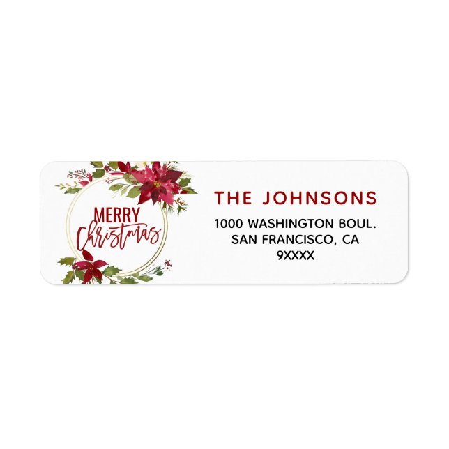 Poinsettia Holly Wreath Red Gold Merry Christmas Label (Front)
